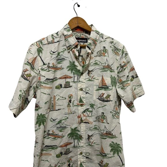 Reyn Spooner Other - Reyn Spooner Mens Hawaiian Shirt Sz Small Reverse Print Fish Boat Hula Canoe